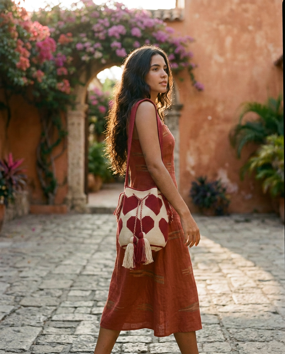 A woman carrying the Corazón mochila in a garden