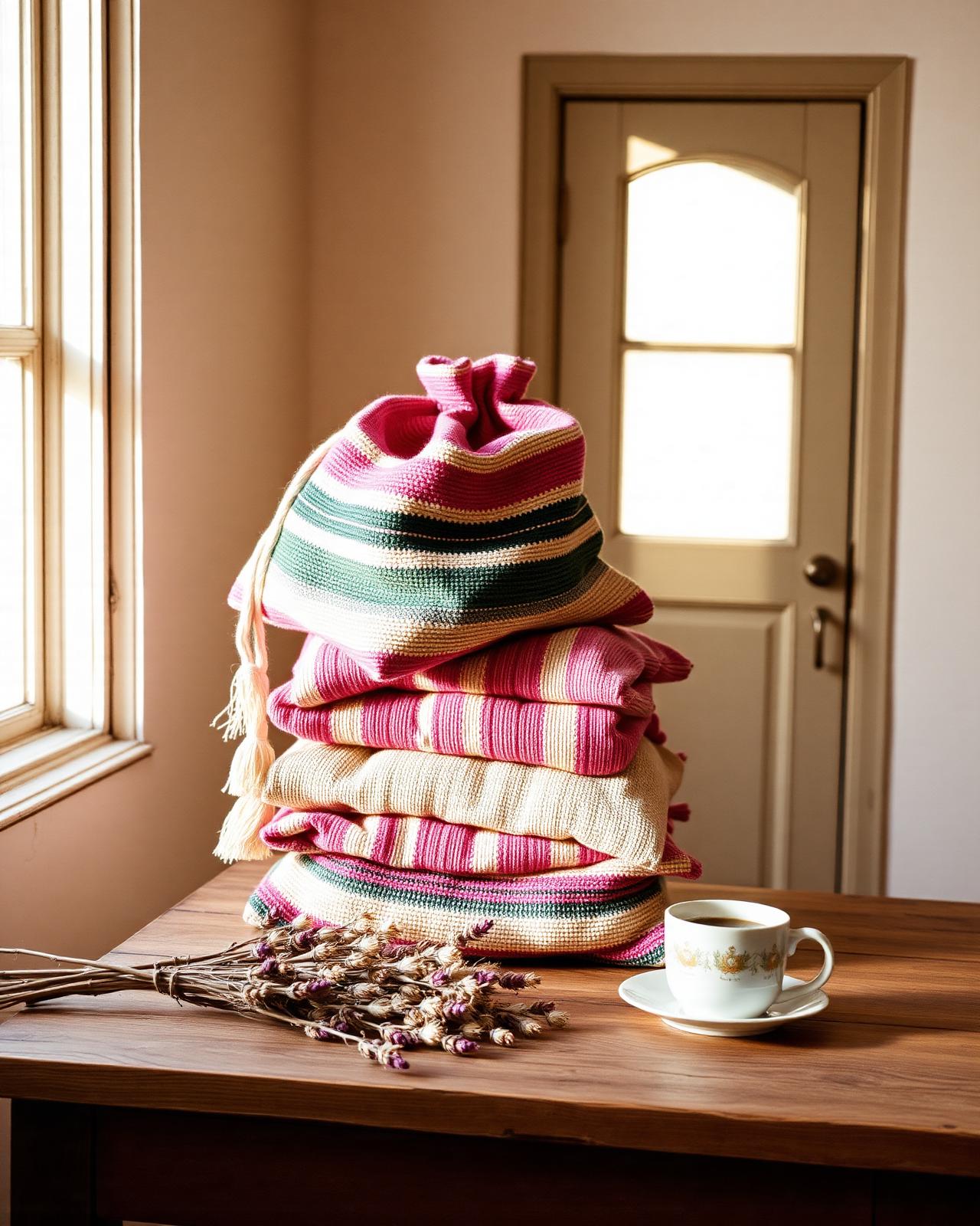 A stack of handwoven Colombian mochilas on a wooden table