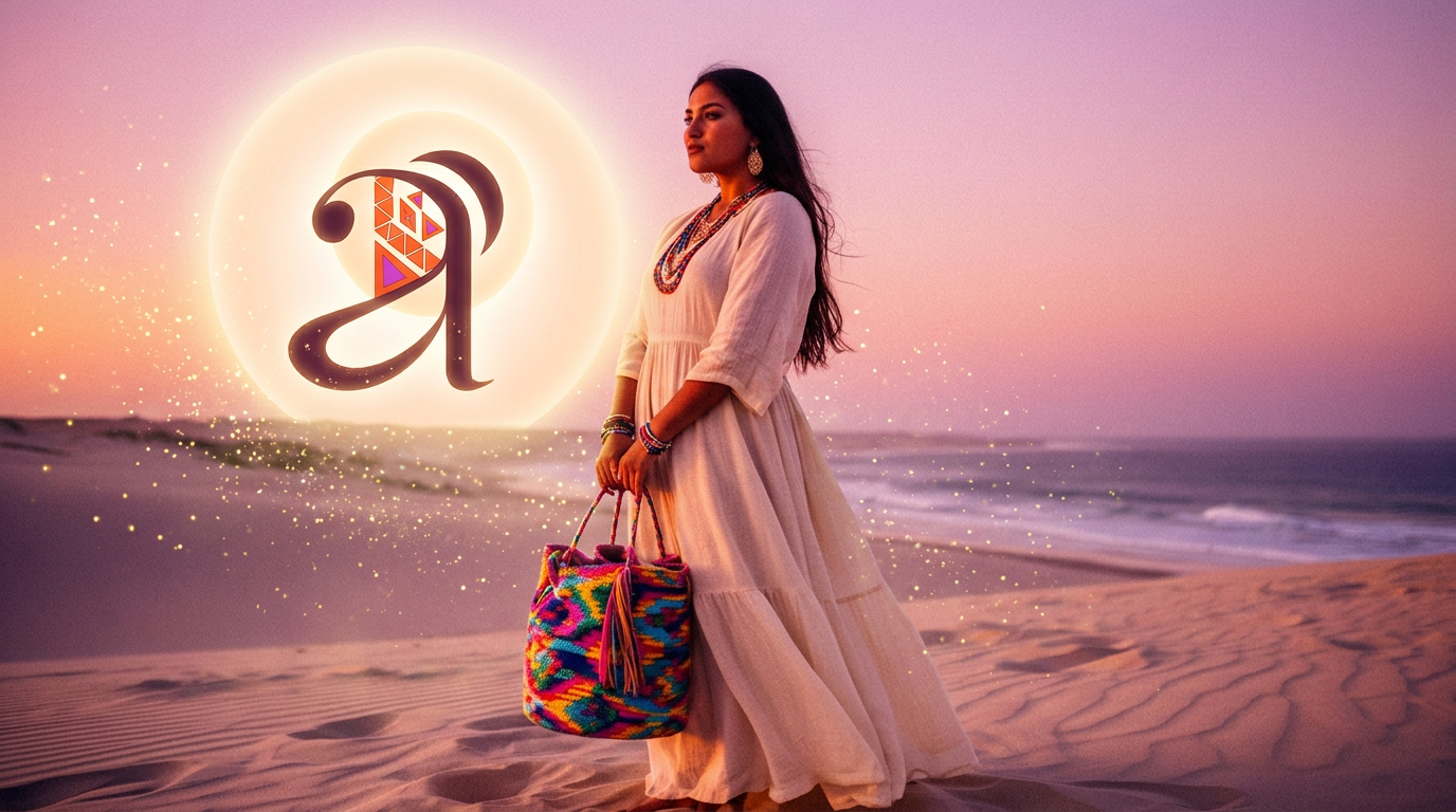 Wayuu woman holding a handwoven mochila on a Caribbean dune at sunset