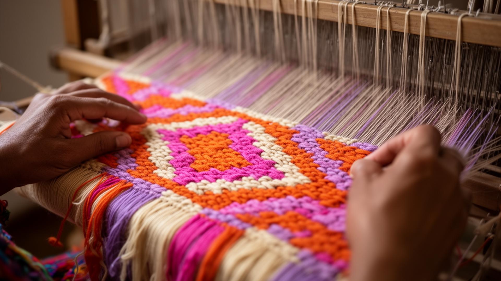 Detail of a hand weaving a mochila