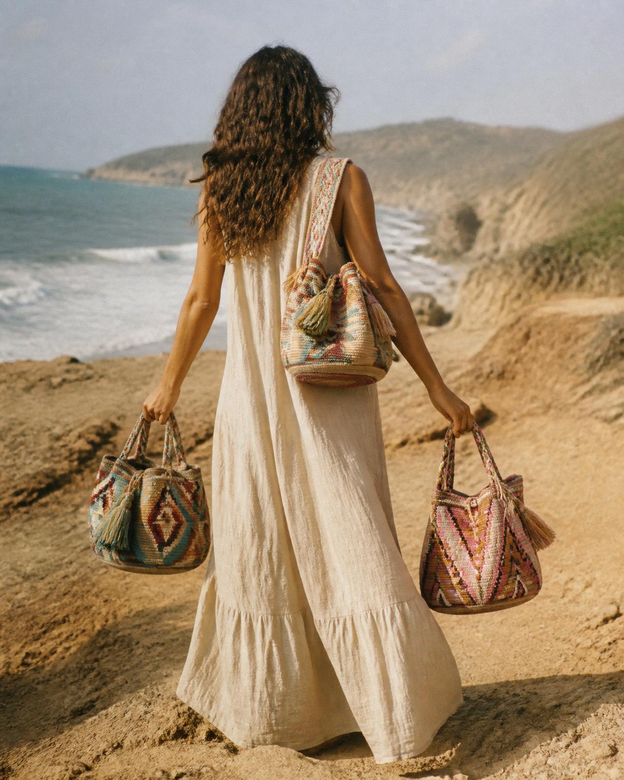 Handwoven mochilas carried at true everyday scale